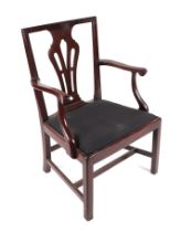 A 19th century mahogany elbow chair with drop-in upholstered seat, on square chamfered legs.