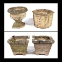 A pair of well weathered reconstituted stone square planters, 38cms wide; together with two