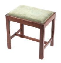 A 19th century mahogany stool with drop-in upholstered seat and square tapering legs, 46cms wide.