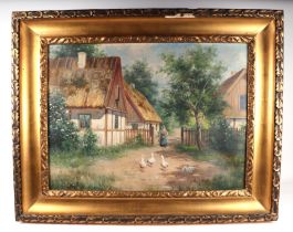 F W Oddmark - Country Scene with Thatched Cottage, Figure and Geese - signed lower right, oil on