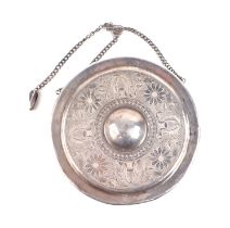 A South East Asian white metal (tests as silver) gong with foliate decoration, 15cm diameter, 202g