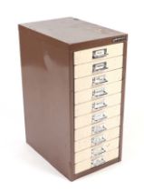 A ten-drawer metal Bisley filing cabinet. 28cms wide.