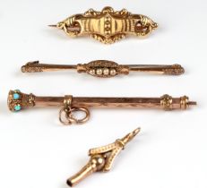 A Victorian yellow metal and turquoise propelling pencil; together with two yellow metal brooches