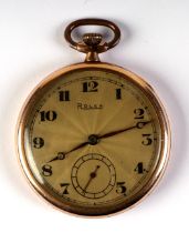 A Rolex gold plated open faced pocket watch with Arabic numerals and subsidiary seconds dial, 4.5cms