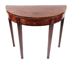 A 19th century demi-lune figured mahogany card table on square tapering legs, 92cms wide.