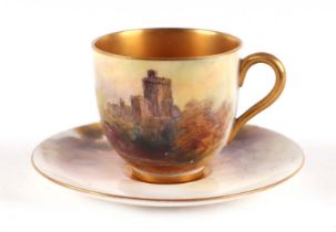 A Royal Worcester small cabinet cup and saucer, decorated with scenes of Windsor Castle by R Rushton