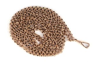 A rolled gold long guard chain, approx 148cms long, 33.3g.