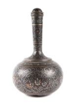 An Indian bidri ware bottle vase and cover, 23cms high.