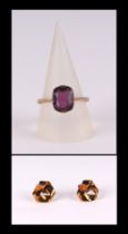 A 9ct gold and amethyst dress ring, approx UK size 'R', 2.1g; together with a pair of 9ct gold