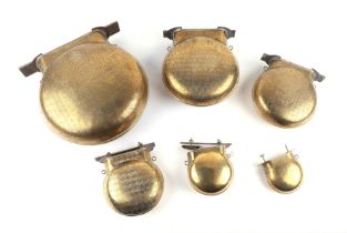 A Victorian brass six bell glockenspiel, the six bells each stamped 'PLANT PERRY PATENT NO 5320 SOLE