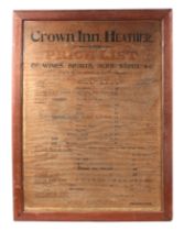 An early 20th century printed Alcohol Price List from the Crown Inn, John Dronfield Proprietor,