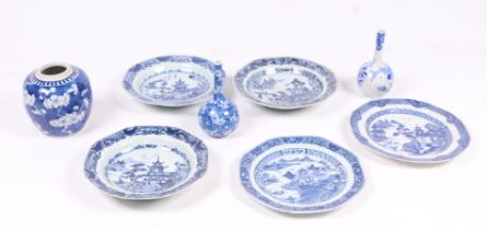 Two Chinese blue and white plates, 23cm diameter, three Chinese blue and white shallow bowls, 23cm