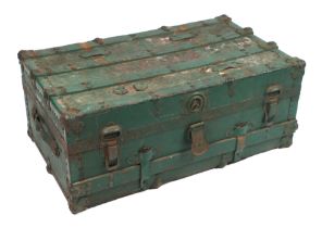 A metal bound green painted pine trunk