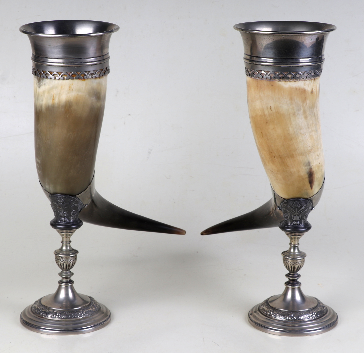 Horn Silver Example A pair of Edwardian silver plated mounted horns with engraved ...