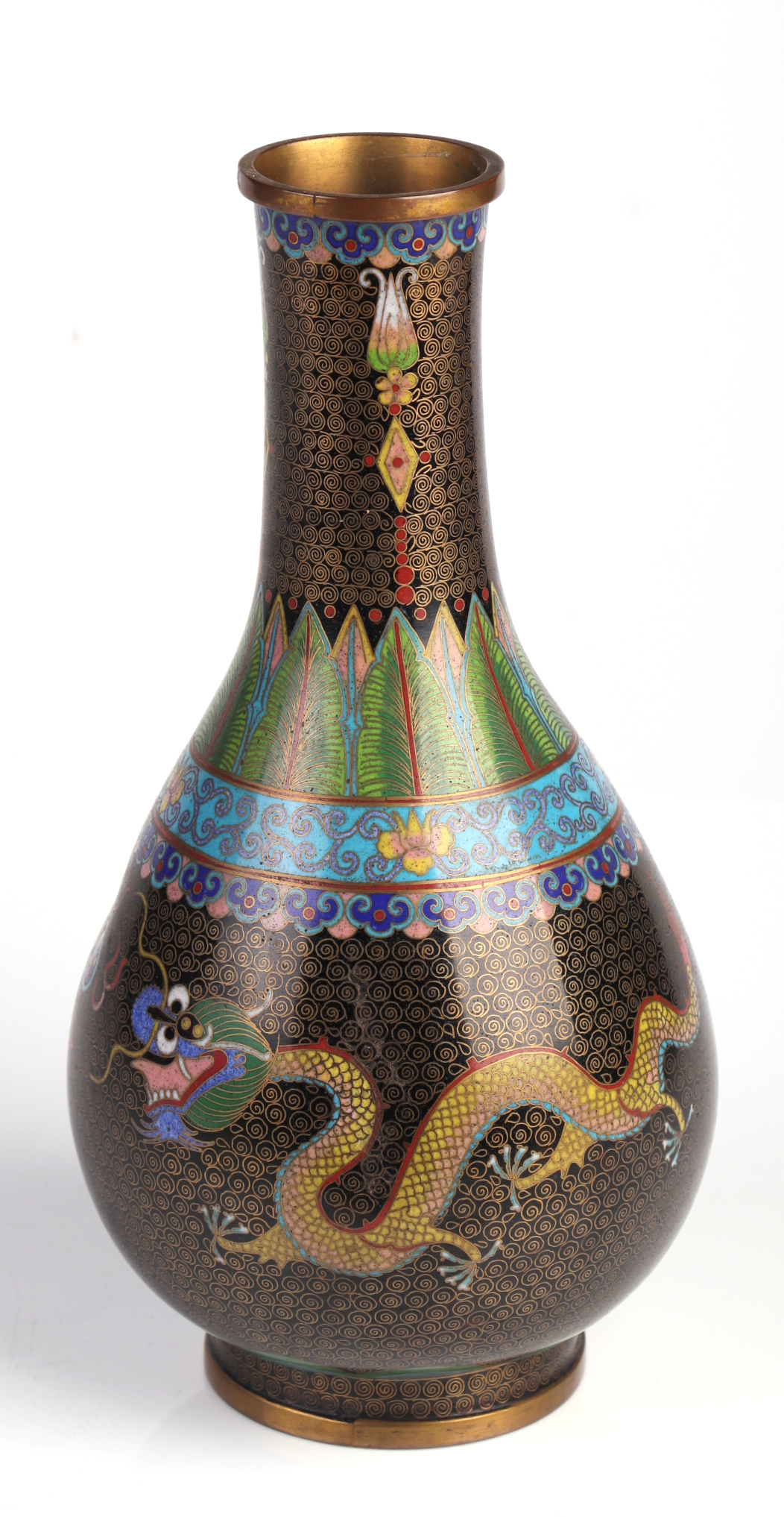 A Chinese cloisonné vase decorated with dragons chasing a flaming pearl, on a black ground, 22cm