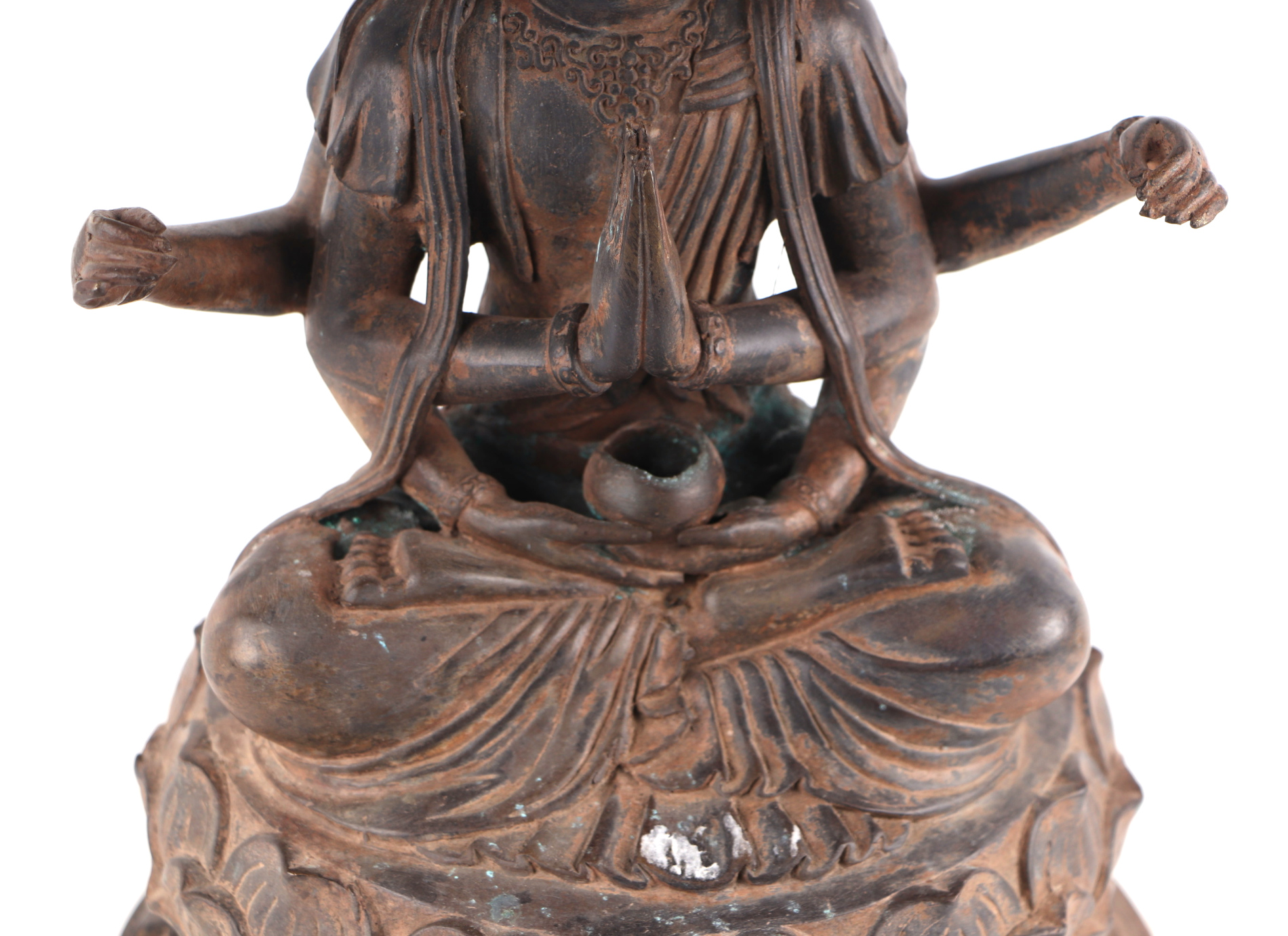 A large patinated metal multi-armed deity seated on a lotus flower, 38cms high. - Image 3 of 4
