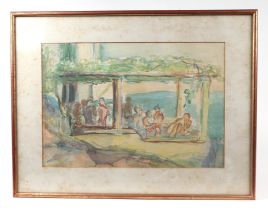 20th century school - Figures on a Terrace - watercolour, framed & glazed, 40 by 28cms.