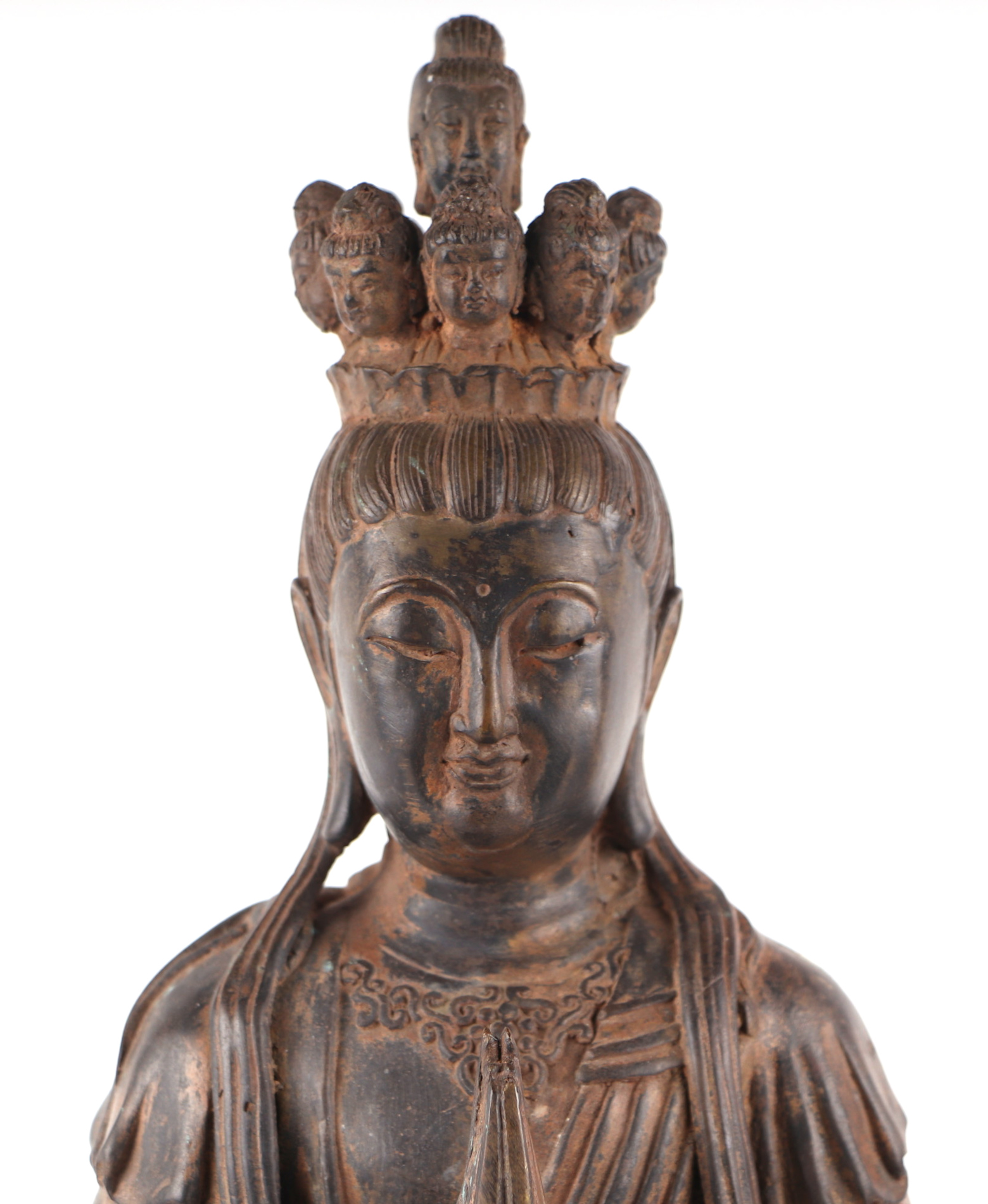 A large patinated metal multi-armed deity seated on a lotus flower, 38cms high. - Image 2 of 4