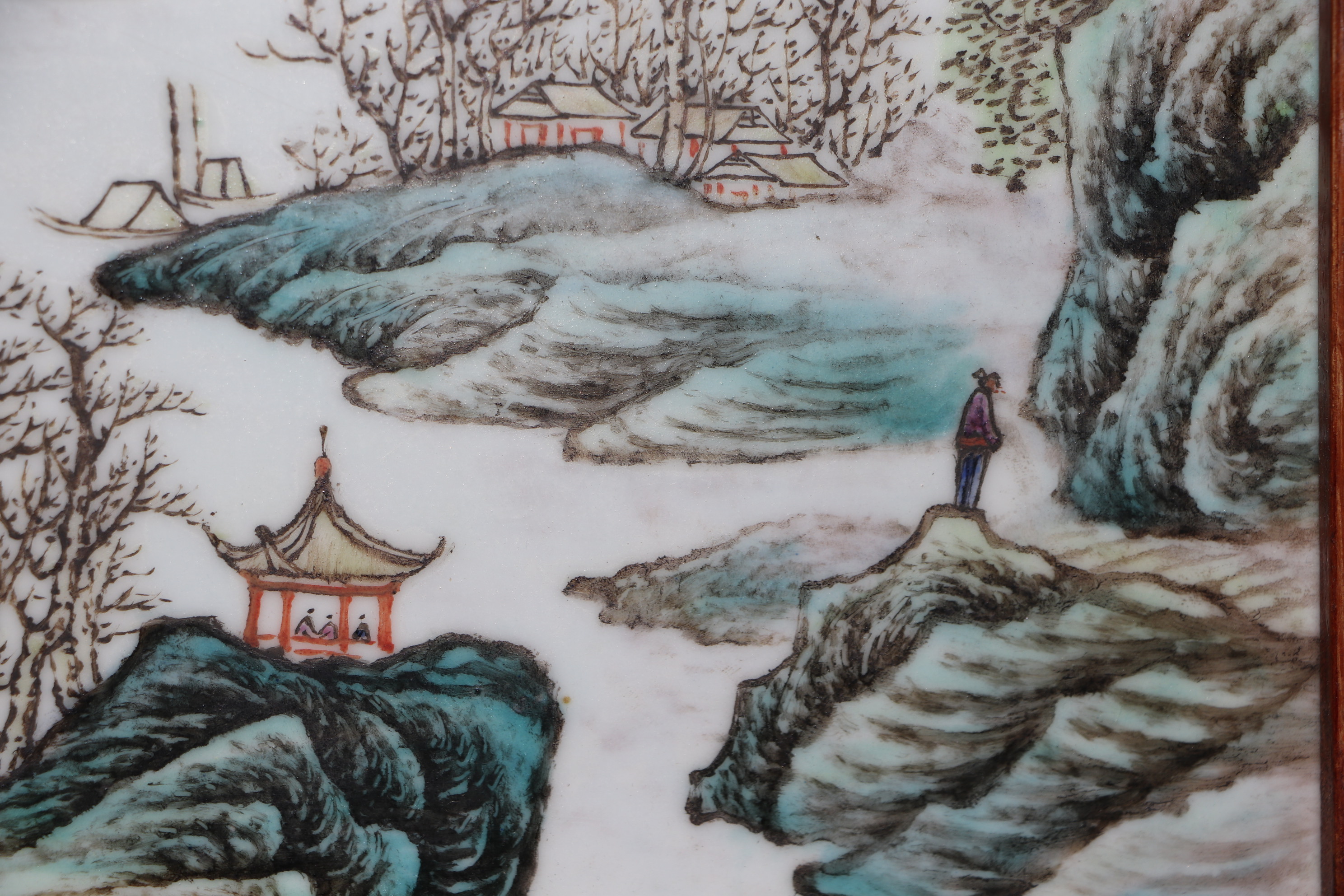 A Chinese rectangular porcelain plaque depicting a river landscape scene, framed, 42 by 26cms. - Image 10 of 12