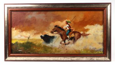 Amaro (South American school) - Gaucho Riding After a Bull - signed lower left, oil on canvas,