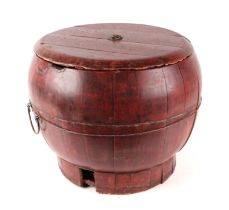 A Chinese red lacquered rice bucket and cover, approx 45cms diameter.