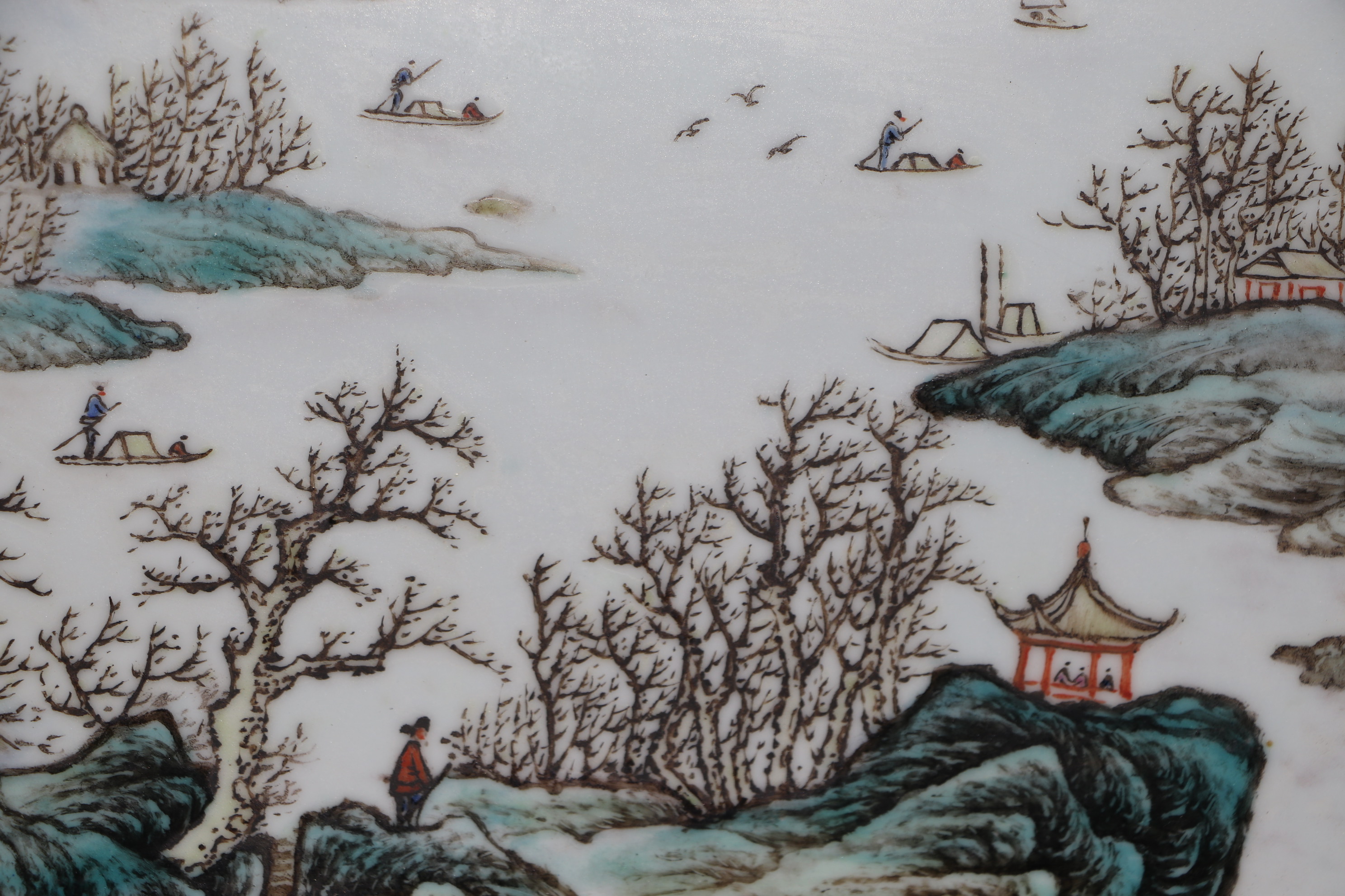 A Chinese rectangular porcelain plaque depicting a river landscape scene, framed, 42 by 26cms. - Image 8 of 12