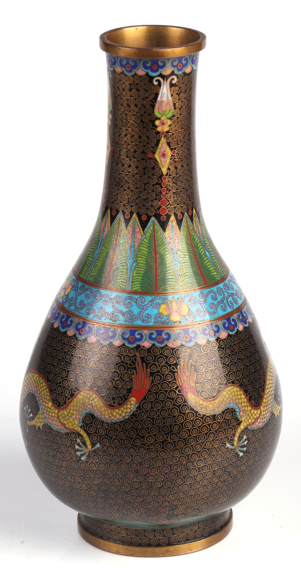 A Chinese cloisonné vase decorated with dragons chasing a flaming pearl, on a black ground, 22cm - Image 4 of 6