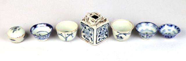 A group of Chinese blue & white tea bowls; together with a square form blue & white brush washer;