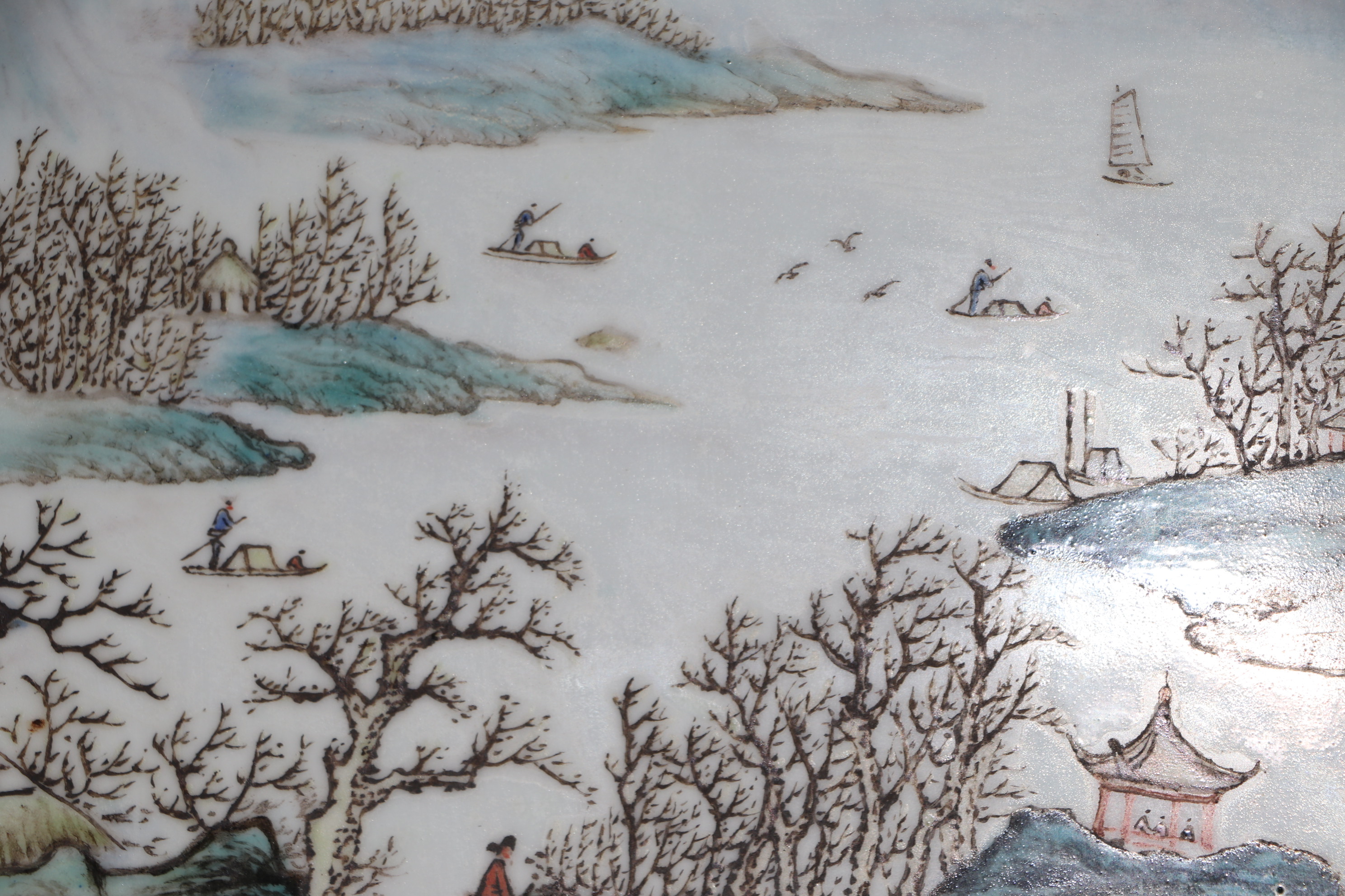 A Chinese rectangular porcelain plaque depicting a river landscape scene, framed, 42 by 26cms. - Image 12 of 12