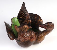A 19th century gilded pottery twin section bowl in the form of a mandarin duck and another duck,