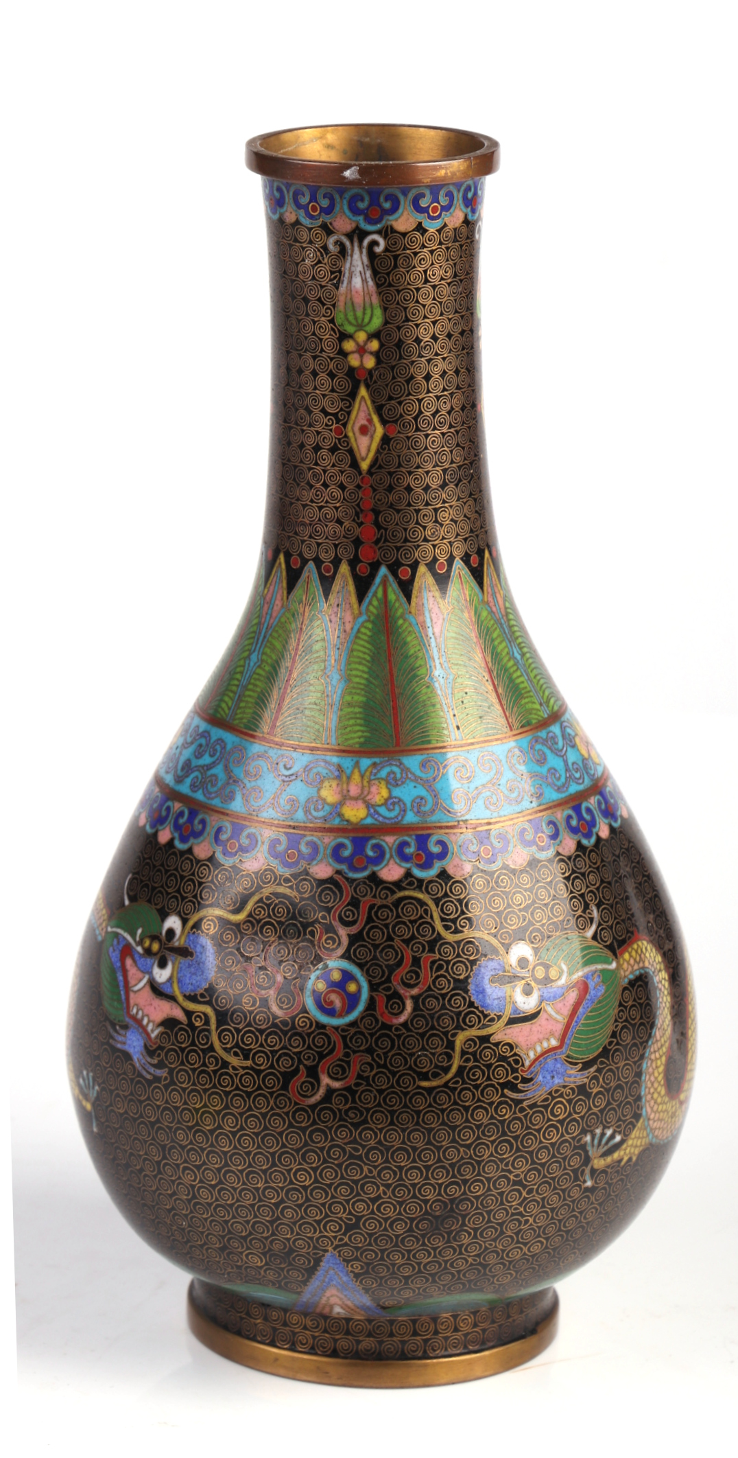 A Chinese cloisonné vase decorated with dragons chasing a flaming pearl, on a black ground, 22cm - Image 2 of 6