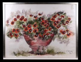C Vandrey (20th century school) - Still Life of Flowers in a Pot - signed & dated 1986 lower