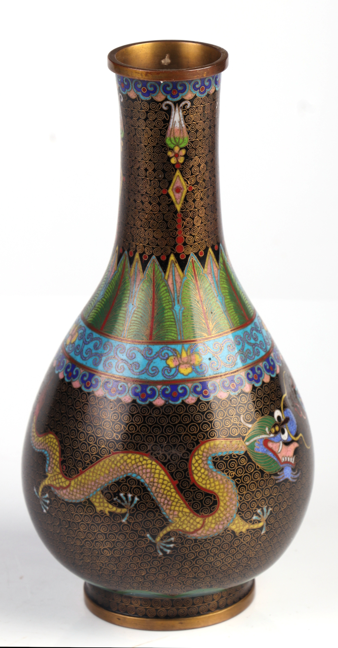 A Chinese cloisonné vase decorated with dragons chasing a flaming pearl, on a black ground, 22cm - Image 3 of 6