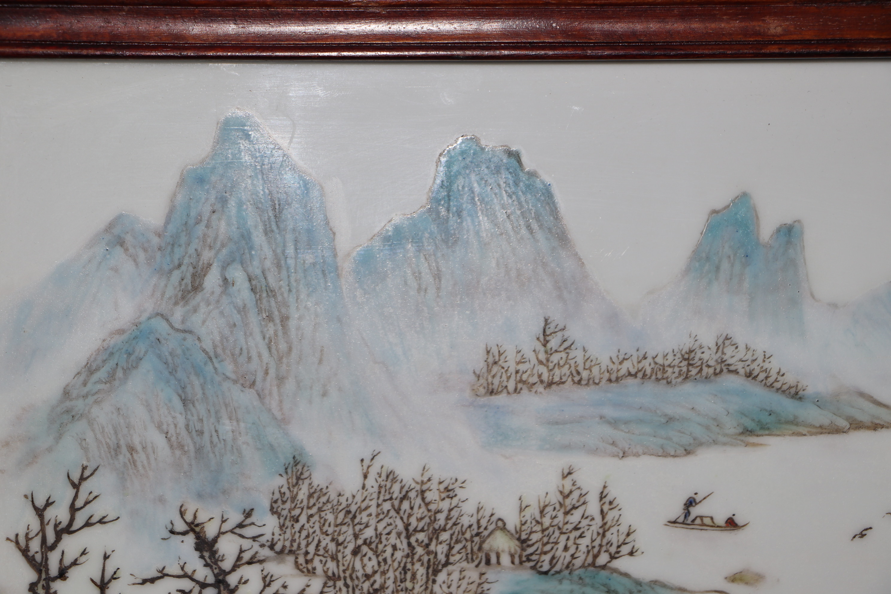 A Chinese rectangular porcelain plaque depicting a river landscape scene, framed, 42 by 26cms. - Image 7 of 12