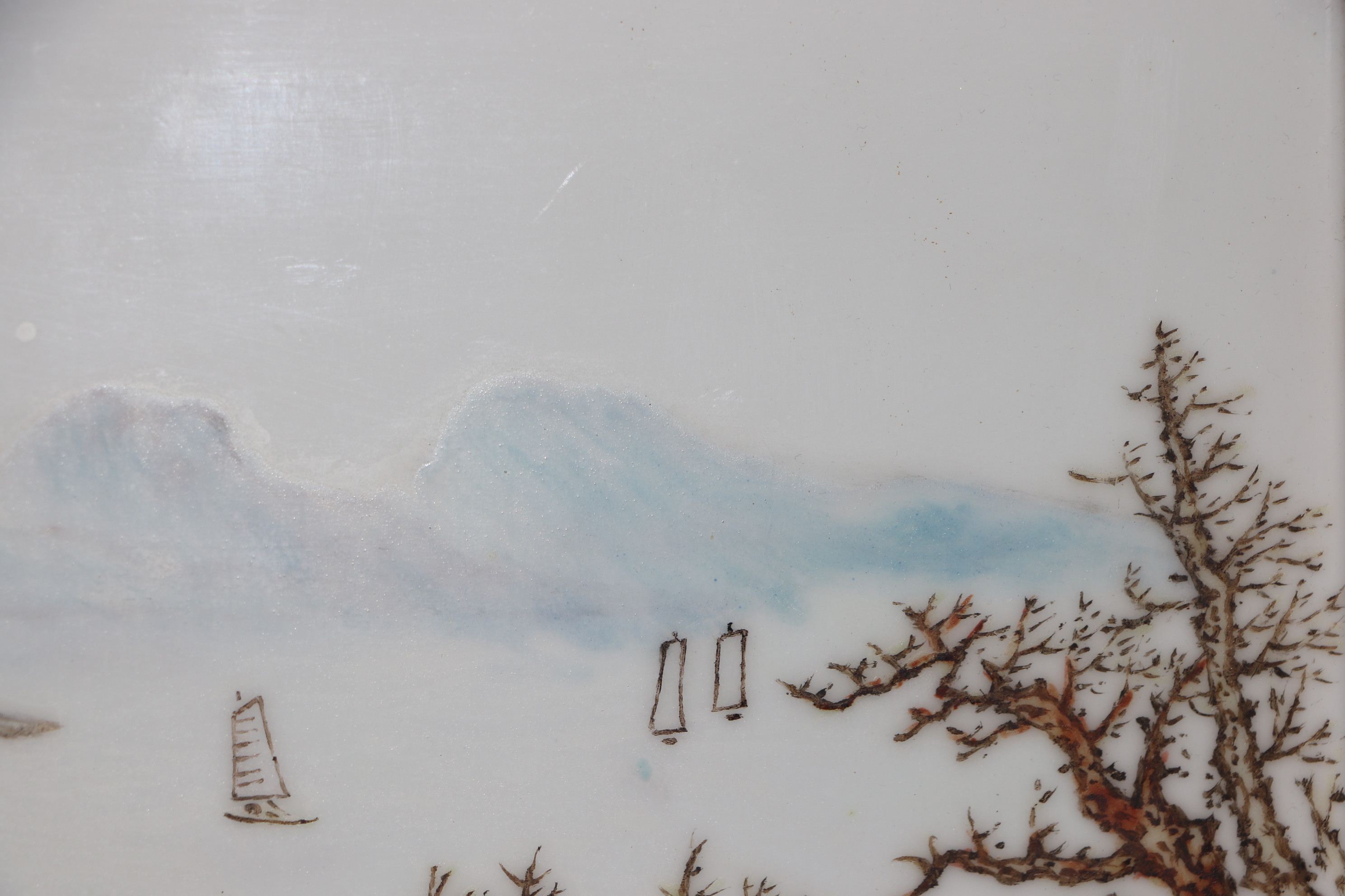 A Chinese rectangular porcelain plaque depicting a river landscape scene, framed, 42 by 26cms. - Image 11 of 12
