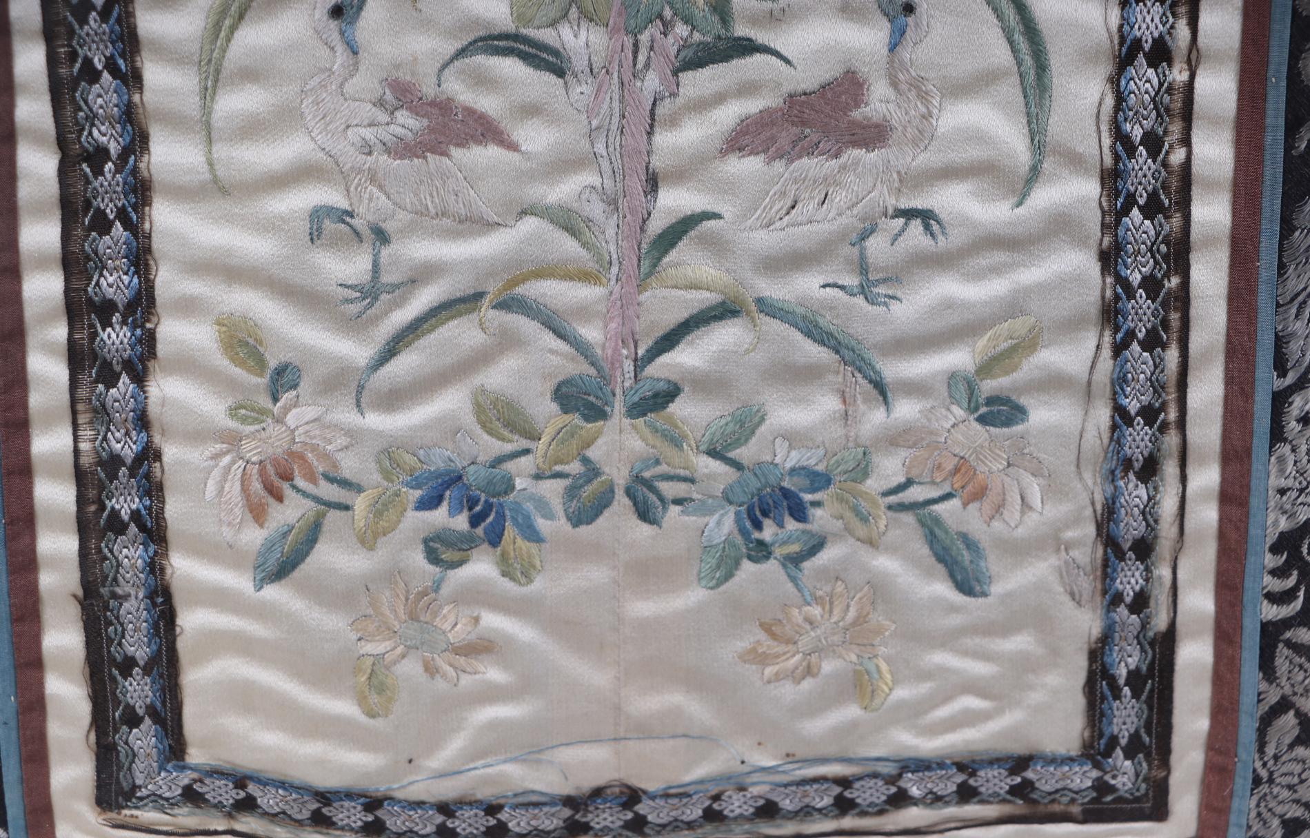 A Chinese silk embroidered sleeve panels decorated with birds amongst foliage, framed & glazed, 32 - Image 3 of 4