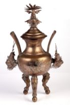 A 19th century Chinese silver coloured metal censer and cover with stylised fish handles and finial,