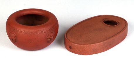 A Chinese Yixing pottery ink stone, 14.5cms wide; together with a Chinese Yixing brush washer with
