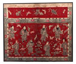 A large Chinese silk embroidered panel decorated with figures in a landscape with bats and