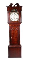 A longcase clock, the 36cm square arched painted dial decorated with a vase of flowers, the white
