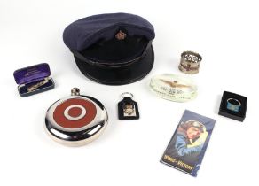 A 1978 civil airlines Pilots cap together with an assortment of RAF memorabilia including a hip