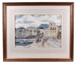 Continental school - Harbour Scene - indistinctly signed & dated '55 lower right, watercolour,