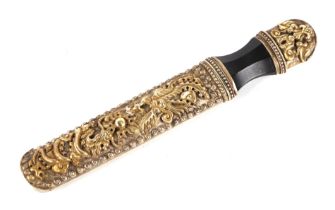 A Bhutanese or Tibetan knife (Dozun), the scabbard decorated with a mythical demon and dragons