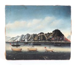 A mid 19th century naïve oil on board depicting Victoria City, Hong Kong Harbour, oil on textile