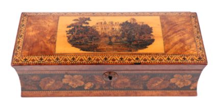 A 19th century Tunbridgeware box of waisted form, the top decorated with a castle scene, 23.5cms