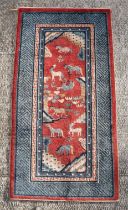 A Chinese Peking runner decorated with Eight Horses (Bajun Tu), on a red ground, 147 by 77cms.