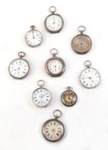A group of nine silver cased open faced pocket watches, various dates and maker's marks (9).