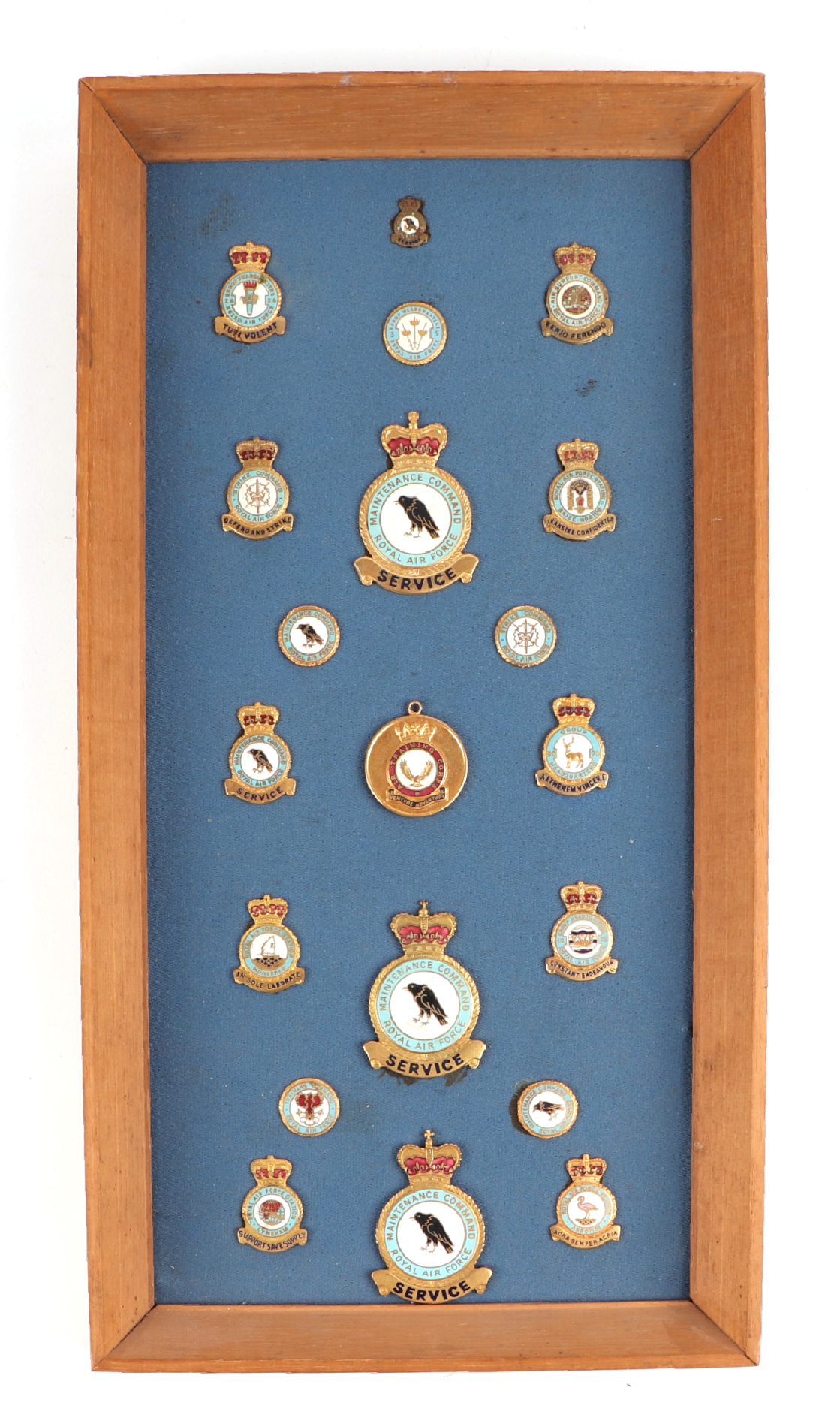 A framed display of 20 Royal Air Force enamel badges together with an assortment of RAF and other