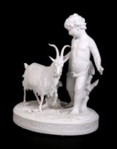 A Parian figural depicting a young boy with a goat, 20cms wide.