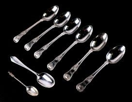 A set of six George IV silver dessert spoons, London 1827; together with two other silver spoons,